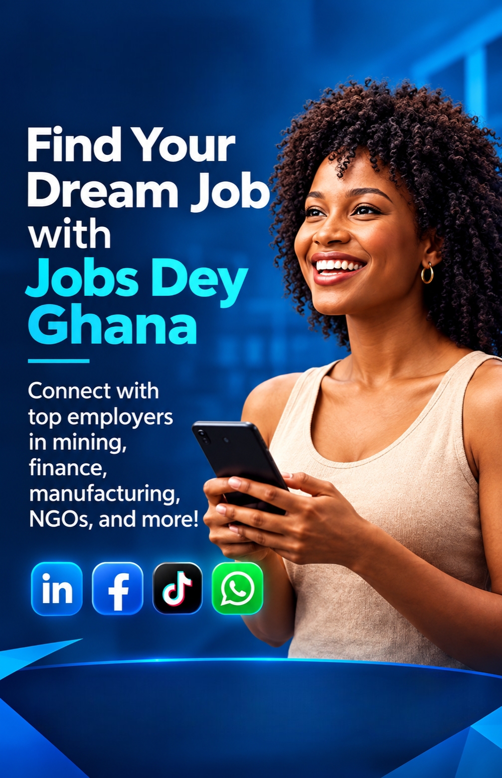 Lady with phone - HR Jobs Dey Ghana promotional flyer